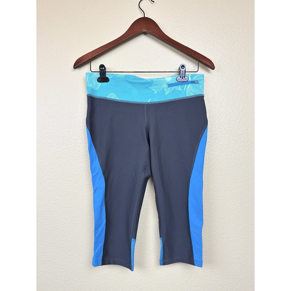 Lucy Size M Womens Black Blue Capri Pants Zip Pocket Drawstring Athletic Floral